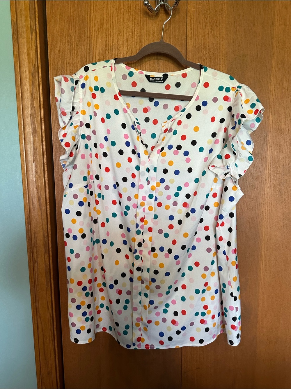 BloomChic White Multicolor Polka Dot Ruffle Sleeve Button-Down Top